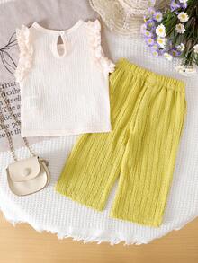 2pcs Baby Girls Cute Fresh Knitted Flower White Top + Yellow Pants Set, Lightweight Summer - Yellow - View 2
