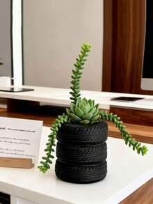 1个创意轮胎造型多肉植物花盆，绿色植物容器，家居花园装饰，带排水孔，适用于多肉植物、香草、仙人掌 - 户外桌面/办公桌装饰，轻便耐用
