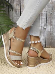 26款春夏新款金银亮片编织坡跟凉鞋，欧式厚底单带露趾女鞋，派对及节日轻便厚底鞋 - 金色 - 查看 5