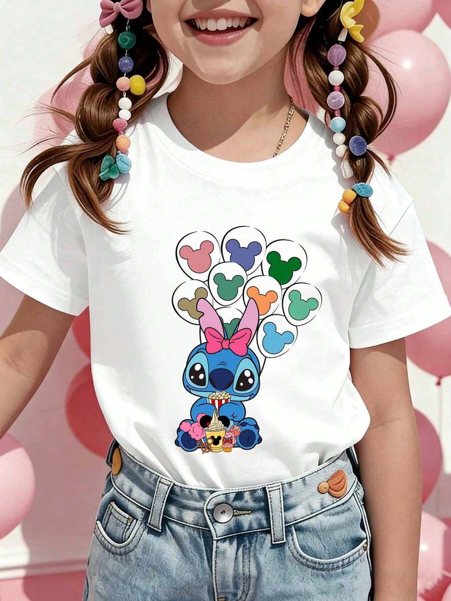 Disney Girls' T-Shirt, Featuring A Creative And Adorable Stitch Cartoon Print. Summer Cotton Crew-Neck Short-Sleeve Tee For Girls, Perfect For Everyday Wear, Vacations, Outdoor Activities, And As A Gift For Children. - 白色 - 查看 1