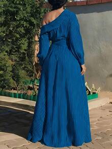 Plus Size Women's Dress, Colorblock Striped Print, Asymmetric Collar, Long Sleeve Shirt Dress, Pocket Design, Casual & Elegant, Suitable For Daily, Office, Vacation, Autumn/Winter Spring - Blue - View 5