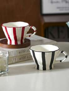 1pc Retro Striped Ceramic Mug, Breakfast Milk Oatmeal Cup, Home Water Cup, Office Coffee Cup, Afternoon Tea Latte Art Cup, Juice Beverage Cup, Couple Water Cup, Holiday Gift Cup, Gift For Family And Friends - Multicolor - View 7