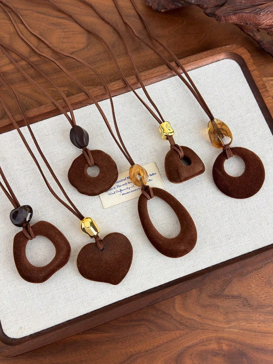 1件复古棕色天鹅绒圆形吊坠项链，长款毛衣链，优雅百搭配饰 - 項鍊 - 查看 1