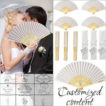 Custom Elegant Folding Hand Fan Set (1/10/30 Sets), Includes Fan, Linen Cord, Thank You Card And Gift Bag. Bridal Bamboo Fan Set Suitable As Bridesmaid Gift And Wedding Decor, Also Perfect For Parties And Events.