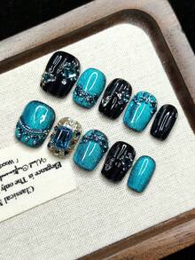 10片手工猫眼效果方形水钻精致奢华礼盒套装，适合女孩，可重复使用美甲用品，手工按压式美甲贴片 - 彩色 - 查看 2