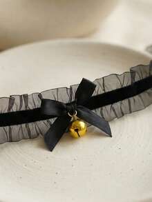 1件优雅黑色蕾丝颈链，配可爱金色铃铛和蝴蝶结吊坠，送给她的礼物 - 黑色 - 查看 3