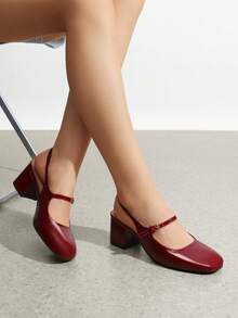 Women's Mary Jane Low Chunky Heels Slingback Closed Square Toe Dress Shoes Elegant Wedding Party Work Office Pumps Shoes - 酒紅色 - 查看 2
