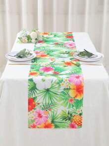 1pc Hawaiian Style Table Runner, Polyester Floral & Palm Leaf Pattern Table Runner, Hawaiian Theme Party Table Cloth, Holiday Birthday Wedding Party Decor Table Cloth, Summer Indoor Outdoor Party Supplies - Hawaiian Flowers - View 10