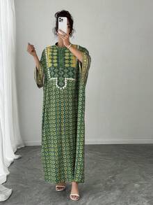 一件女士宽松印花长袍连衣裙，绿色，立领，单排扣，插肩袖，休闲长裙，优雅奢华的度假晚礼服，适合作为送给妈妈、女儿、妻子的春季度假礼物 - 綠色 - 查看 6