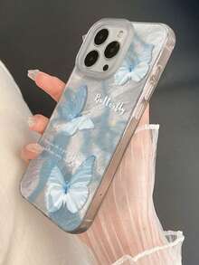 1pc Ice Blue Butterfly Anti-Drop Full Coverage Phone Case Protective Cover For IPhone 11/12/13/14/15/16/17/Pro Max