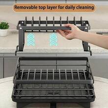 2-Tier Black Expandable Dish Drying Rack, Suitable For Kitchen Countertop, Large Dish Drainer With Pot Rack, Cup Rack, And Dish Rack For Iron Kitchen Counters And Sink Dish Racks - Large-Capacity Storage Rack With Draining Board, Dish Rack, And Cup Hooks - Fordable Design, Efficiently Saves Space For Storing Plates, Bowls, Pots, And Utensils, Efficiently Stores Plates - Fordable Rack - Durable Kitchenware, Kitchen Countertop Dish Drying Rack - Black - View 7