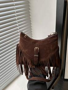 1pc Fringed Decor Solid Color Suede/PU Crossbody Bag With Zipper, Vintage Fashion, Suitable For Women Everyday Use In Autumn/Winter - Coffee - View 8