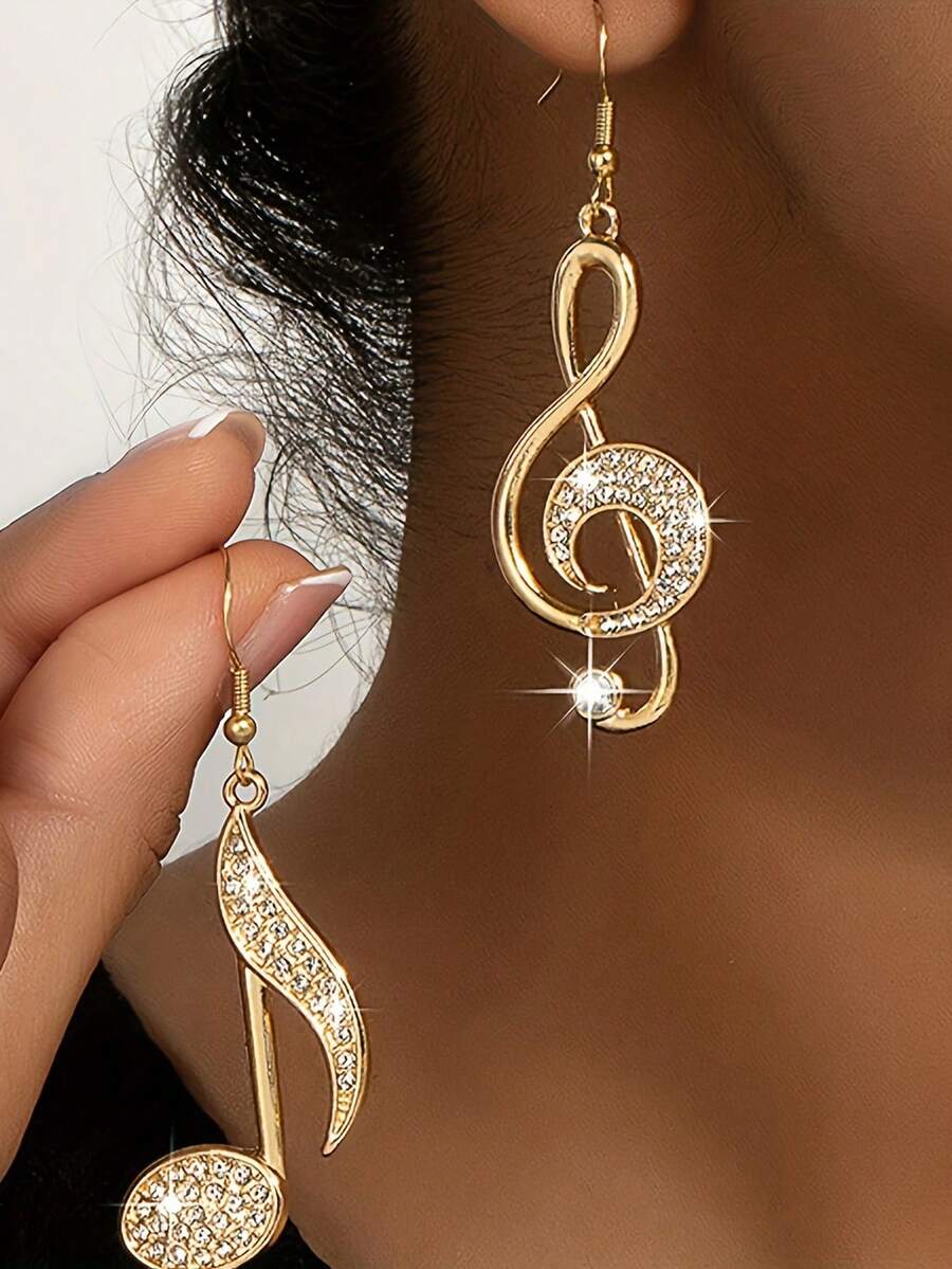 一对独特的水钻音符设计耳环，精致奢华的女孩耳环