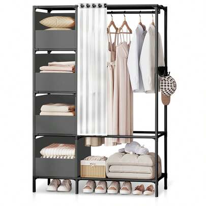 Freistehender Stoffkleiderschrank – 4 Schubladen & Kleiderstange, Kleiderschrank-Organizer fürs Schlafzimmer, stabiles Metallgestell, zur Aufbewahrung von Kleidung, Schuhen und Bettwäsche, werkzeuglose Montage