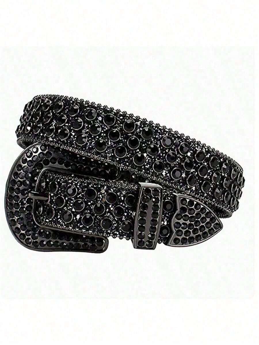 1PC Solid Color Rhinestone Waist Belt For Women, Inlaid With Shiny Crystal Details For A Punk And Hip-Hop Style Look. Fashionable And Eye-Catching Design Easily Matches Jeans, Dresses, Or Casual Outfits, Adding A Bold Accent To Any Look. Comfortable To Wear And Both Decorative And Practical. Suitable For Daily Wear, School Outfits, Parties, Performances, And Seasonal Styling. A Versatile Fashion Waist Belt And Decorative Accessory, Also A Great Gift Choice For  Styling. - 黑色 - 查看 1