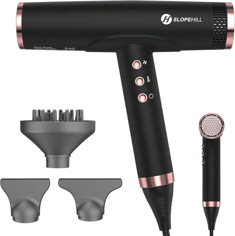 slopehill Ion Haartrockner, 110.000 RPM bürstenloser Motor, schnell trocknender Haartrockner mit magnetischem Diffusor, geräuscharme/Biokeramik-Technologie, für Zuhause, Reisen, Salon (Champagnergold) - Mattschwarz - Übersicht 1