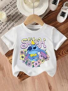 Disney Girls' T-Shirt, Creative Stitch Alphabet Cartoon Print, Summer Cotton Crew Neck Short Sleeve For Girls, Suitable For Everyday Wear, Vacations, Outdoor Activities, And As A Gift For Children. - 白色 - 查看 2
