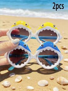 2副装 - 时尚鲨鱼造型太阳镜 - 适合儿童作为海滩和海边摄影道具。时尚旅行摄影眼镜。 - 彩色 - 查看 2