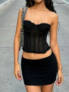 性感蕾丝拼接鱼骨网双层无背无肩带塑形文胸 - 黑色 - 查看 5