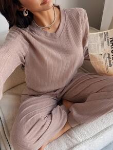 两件套女士粉色圆领长袖上衣和裤子秋冬休闲舒适睡衣套装 - 卡其色 - 查看 5
