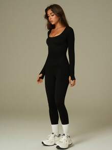 UONNOU Jumpsuit Olahraga Bergaris Pengangkat Bokong Bentuk Buah Persik, Bodysuit Yoga Lengan Panjang Leher Persegi untuk Musim Gugur dan Musim Dingin - Hitam - View 10