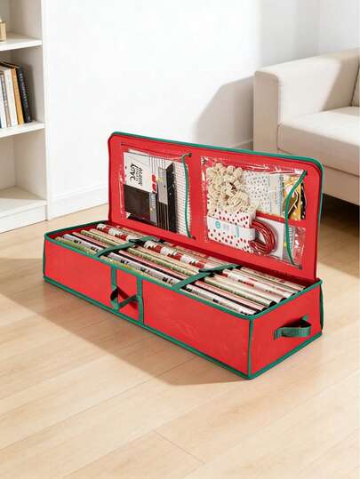 1pc Red Packaging Paper Storage Bag With Handle And Zipper, Foldable Waterproof Gift Organizer Bag, Green Edge Underbed Storage Bag Suitable For Various Sizes Of Packaging Paper, Red Oxford Cloth Box Container, Thanksgiving, Valentine's Day And Other Holiday Packaging Paper Organizer