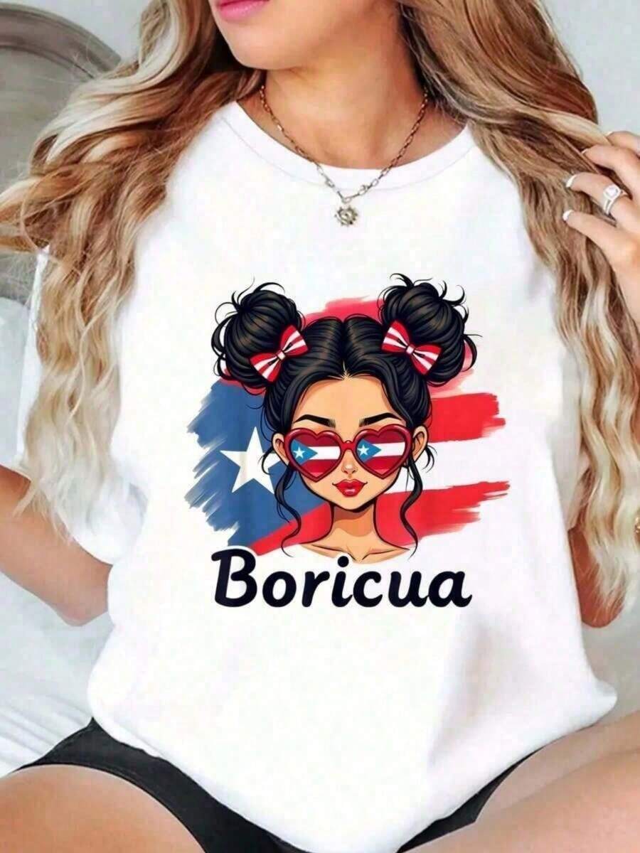 Puerto Rico Hispanic Heritage Bun Puerto Rican Girls-Shirt100Plaid Cotton Graphic Women Clothing - 白色 - 查看 1