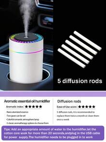 1pc 180ml Capacity Mini Car Humidifier With Romantic Color Night Light. Large Mist Output, Quiet Operation, Auto Timing, 2 Working Modes. Compatible With Essential Oils (6 Scents Available). Set Includes 1 Humidifier And 1 Bottle Of Essential Oil. Suitable For Car, Office, Bedroom, Living Room, Study, And Plant Room.