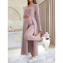 2pcs Maternity Casual Set, Pink/Light Pink Ribbed Long Sleeve V-Neck Slit Front Top With Belly Support Pants, Fashionable & Comfortable Maternity Nursing Wear Spring - Pink - View 10