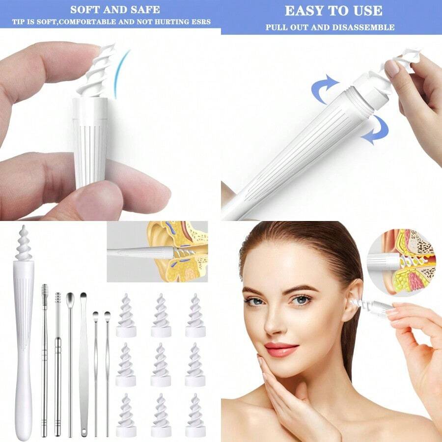 Ear Wax Removal Tool Ear Wax Removal Reusable And Washable Replacement Soft Silicone Tips For Cleaner Earwax Ear Wax Removal Kit Contains 7 Types Of Ear Cleaner Tools White - 如圖 - 查看 1