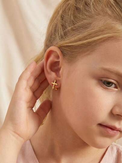 1 Pair Delicate Gold Stainless Steel Cross Decorated Earrings, Jewelry Accessories Gift For Family And Friends