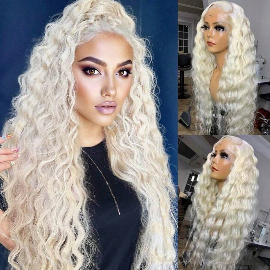 Platinum Blonde Deep Wave Human Hair Wig Ash Blonde Loose Curly Lace Front Wigs Human Hair For Women 13X4 Glueless HD Transparent Lace Front Wigs Human Hair Pre Plucked With Baby Hair Daily Natural Wig Halloween Christmas New Year's Day Party Wig - 白金金髮女郎 - 查看 1