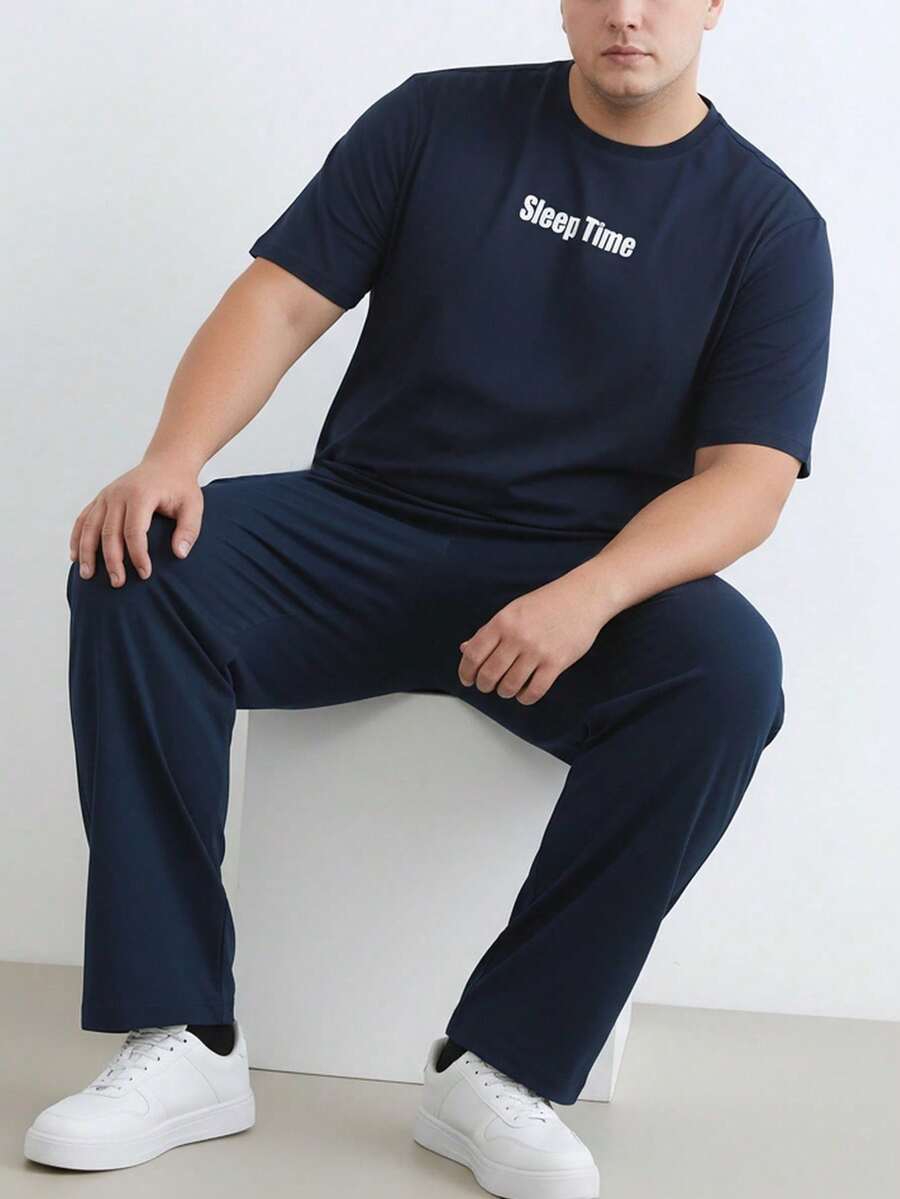 加大码男士睡衣套装,轻薄短袖字母印花上衣和裤子,休闲舒适的夏季睡衣 - 彩色 - 查看 1