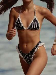 Women 2-Piece Bikini Dot Print Backless Halter Neck Bra And Ruffles Panties Sets For Summer Bathing Suit - Black - View 2