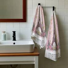 2PC[Customizable Towels] Paris Eiffel Tower Design Customizable Name Towels - Pink & White Striped, Ultra-Absorbent, Quick-Dry Microfiber Towels With "Paris" & "Eiffel" Text, Perfect For Valentine's Day, Anniversaries, And More, Home Decor | Eiffel Tower Design | Ultraabsorbent Towels250gsm Practical Kitchen Towel For Kitchen, Living Room, Bedroom And Home Use, Exquisite Pattern Printed Towel, Suitable For Kitchen And Living Room, Suitable For Car, Bedroom, Living Room, Office, Outdoor Camping Home Decoration, Comfortable, Soft And Additive Free Scouring Pad, A Good Gift For Daily Holidays - Multicolor - View 2