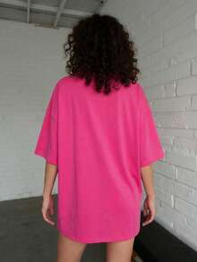 Women's Loose Fit Round Neck Short Sleeve Long T-Shirt, Casual Minimalist Elegant Sexy Street Y2K Style, Spring/Summer - Hot Pink - View 3