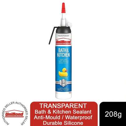  UniBond Mould Resistant Bath And Kitchen Silicone Sealant Transparent 208g, Clear Waterproof Sealant For Discreet Bathroom Repairs