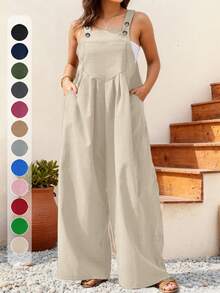 Plus Size Women's Pleated Wide Leg Casual Solid Color Bib Pants, Autumn/Winter - Apricot - View 1