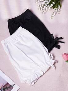 2pcs Black & White Knitted Casual Leggings With Ruffle Hem, Suitable For Spring, Summer, Autumn - Multicolor - View 3