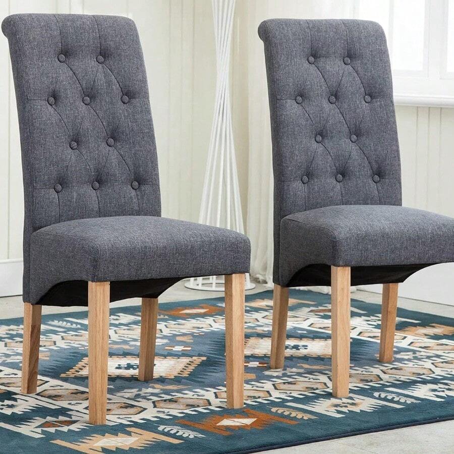 Mcc Direct Set Of 2 Linen Fabric Dining Chairs Roll Top Scroll High Back For Home & Commercial Restaurants - Grey - View 1