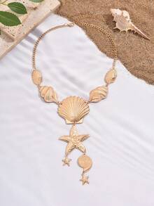 1pc New Creative Beach Vacation Style Ocean Creature Starfish & Shell Minimalist Seaside Party Fashion Summer Y-Shaped Long Necklace - Golden - View 2