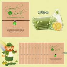 10条绿色四叶草吊坠手链 + 10个欧根纱袋 + 10张贺卡 圣帕特里克节、情人节、毕业季 春季配饰 幸运四叶草吊坠 创意编织手链 礼物 与家人朋友分享