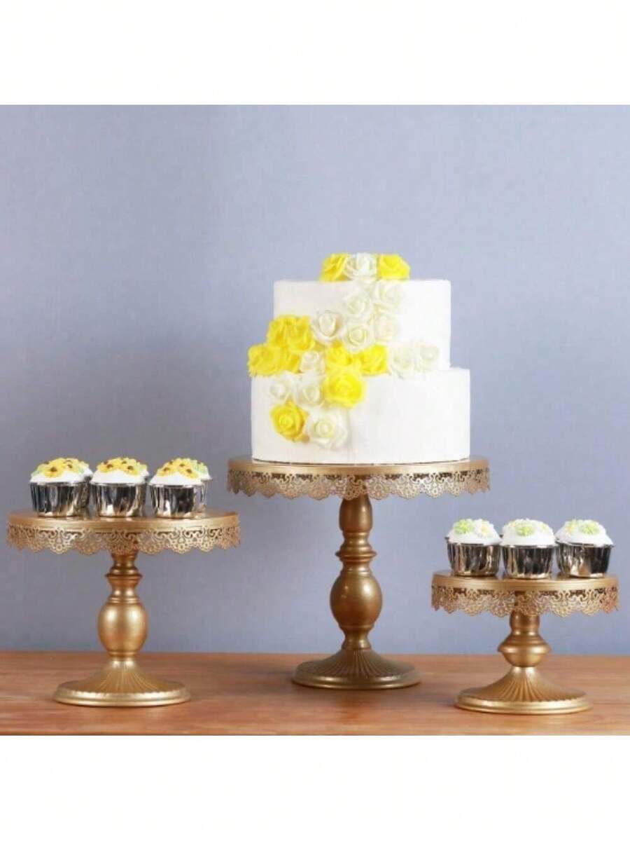 Set Of 3 Round Metal Cake Stand Set, Displaying Table For Birthday Party Cake Display Baby Shower Wedding Pastry Decor Supplies Cupcake Dessert Decoration,Dessert Table Display Set/Food Display Stands/Christmas Decor/Funny Gifts - 香檳色 - 查看 1