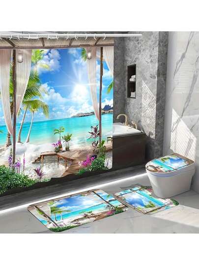 Tropical Beach Shower Curtain Set With Non-Slip Bath Mat, Toilet Lid Cover And U-Shaped Rug - Handmade, Machine Washable, Includes 12 Hooks - Perfect For Bathroom Decor, Beach Theme