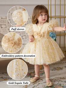 Baby Girls Champagne Puff Sleeve Mesh Tulle Peplum Dress, Princess Party Dress Suitable For 1st Birthday, Wedding, Banquet, Party, Holiday Celebration - Champagne - View 2