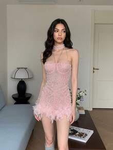 Glamorous Sexy Sheer Elastic Fitted Sparkling Rhinestone Feather Carnival Party Clubwear Romper - Pink - View 6