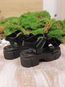 新款女童厚底黑色凉鞋，蝴蝶结布艺魔术贴设计，圆头，适合夏季、校园、度假穿着 - 黑色 - 查看 4