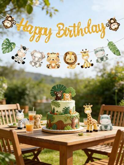 1 Set Guirnalda de cumpleaños con tema de animales, Pancarta de fiesta de cumpleaños con animales de la jungla, Decoración de fiesta de cumpleaños de la jungla, Pancarta de 1er cumpleaños, Decoración para fiesta de baby shower, Suministros para fiesta de cumpleaños de niña, Decoraciones de fiesta de la jungla, Decoraciones de cumpleaños salvajes, Telón de fondo para fiesta de cumpleaños