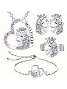 A Set Of Creative Elegant Cute Unicorn Heart Pendant Necklace, Earrings, Bracelet, Decorative Accessories Holiday Party Gift - 4 Items - View 2