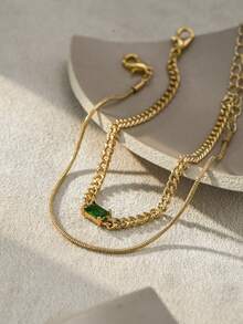 2pcs/Set Multi-Layer Gold Snake Chain Bracelet With Sparkling Green Rectangular Zirconia Stones, Layered Bracelet Jewelry Gift For Women - Yellow Gold - View 9